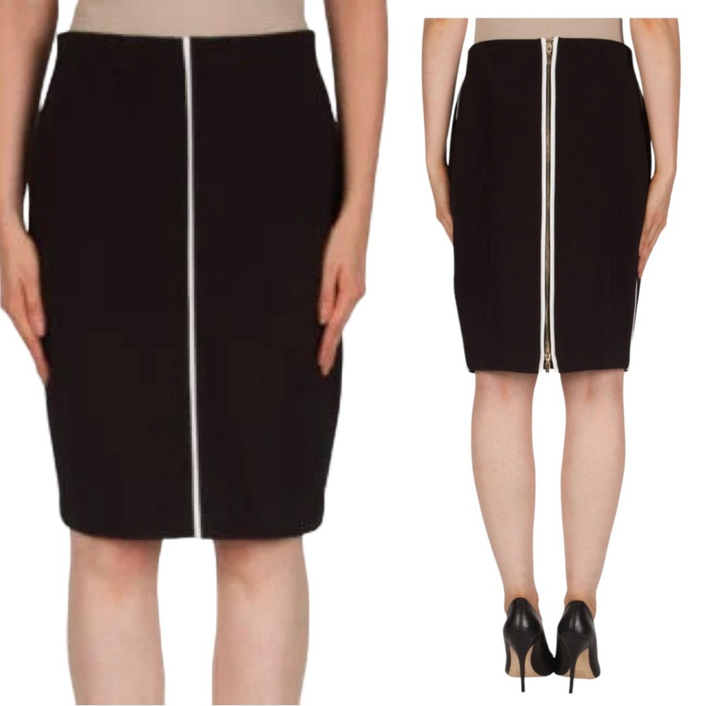 JOSEPH RIBKOFF Black Pencil Skirt Exposed Side Zip Elastic Waist Size 4